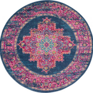 5' Blue And Pink Medallion Distressed Round Rug
