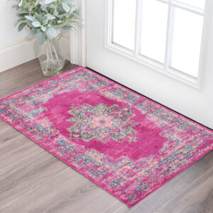 4' X 6' Fuchsia And Blue Oriental Distressed Area Rug