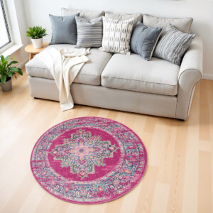 4' Fuchsia And Blue Oriental Distressed Round Rug