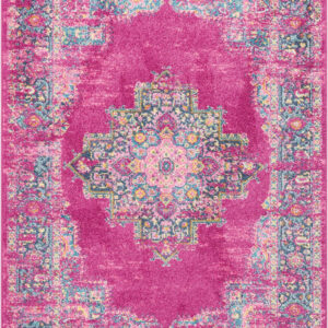 7' X 10' Fuchsia And Blue Oriental Distressed Area Rug