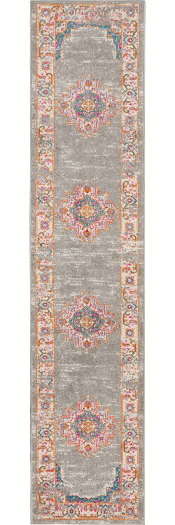 10' Gray And Gold Medallion Distressed Runner Rug