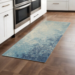 8' Blue And Ivory Abstract Runner Rug