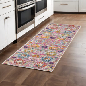 8' Silver Gray And Pink Floral Distressed Runner Rug