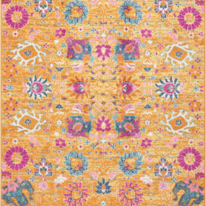 4' X 6' Blue And Orange Floral Distressed Area Rug
