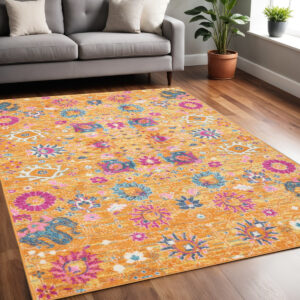 5' X 7' Blue And Orange Floral Distressed Area Rug