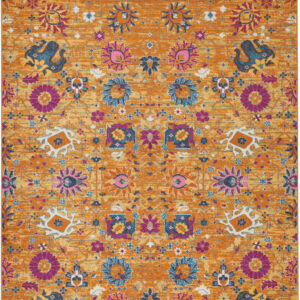 8' X 10' Blue And Orange Floral Distressed Area Rug