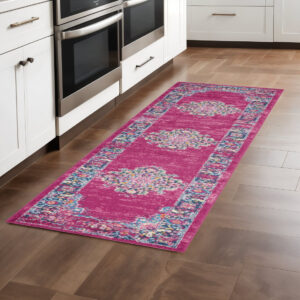 8' Fuchsia And Blue Oriental Distressed Runner Rug