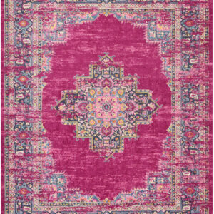 8' X 10' Fuchsia And Blue Oriental Distressed Area Rug