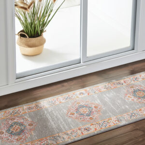 6' Gray And Gold Medallion Distressed Runner Rug