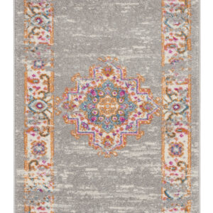 8' Gray And Gold Medallion Distressed Runner Rug