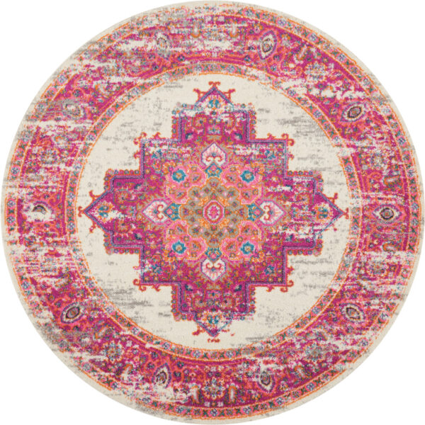 4' Ivory And Fuchsia Oriental Distressed Round Rug