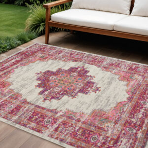 8' X 10' Ivory And Fuchsia Oriental Distressed Area Rug