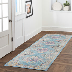 10' Blue And Ivory Southwestern Distressed Runner Rug