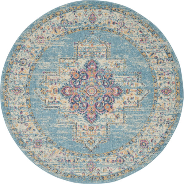 4' Blue And Ivory Southwestern Distressed Round Rug