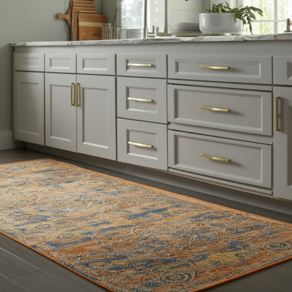 8' Teal And Gold Medallion Distressed Runner Rug