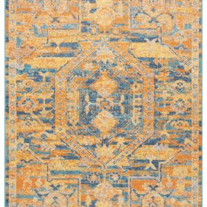 7' X 10' Teal And Gold Medallion Distressed Area Rug
