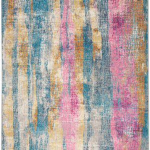 5' X 7' Blue Pink And Gold Abstract Distressed Area Rug