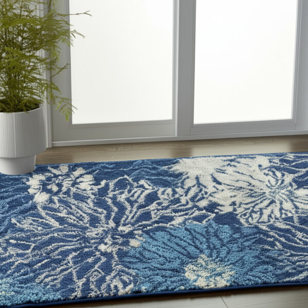 6' Blue And Ivory Floral Runner Rug