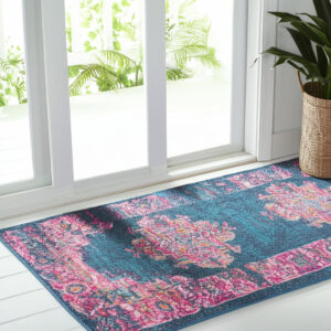 6' Blue And Pink Medallion Distressed Runner Rug