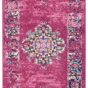 6' Fuchsia And Blue Oriental Distressed Runner Rug