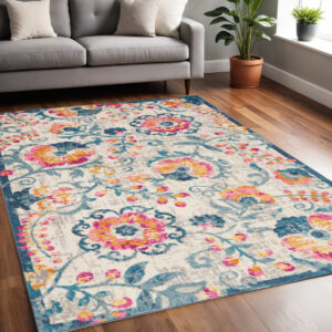5' X 7' Ivory And Blue Floral Area Rug