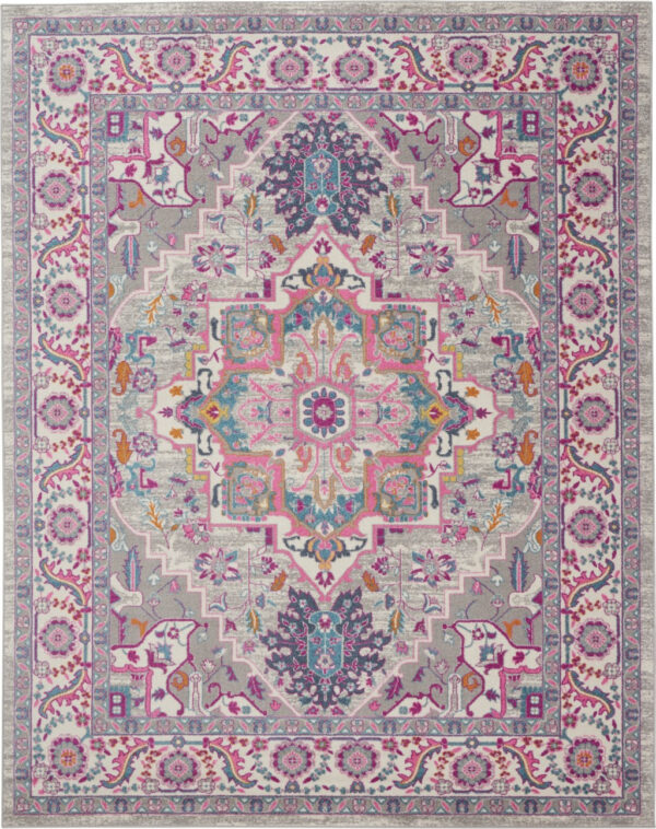 7' X 10' Light Gray And Pink Medallion Area Rug