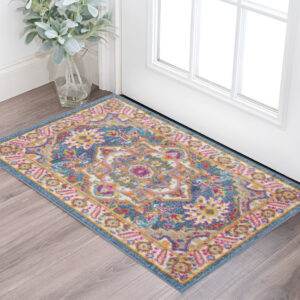2' X 3' Teal And Ivory Medallion Distressed Area Rug