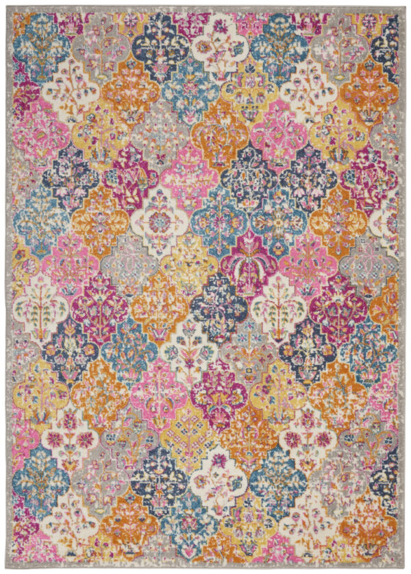 5' X 7' Gray Blue And Orange Quatrefoil Distressed Area Rug