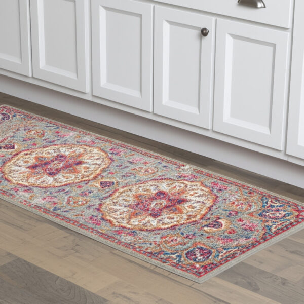 8' Gray And Ivory Medallion Runner Rug