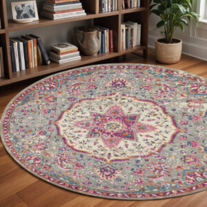 8' Gray And Ivory Medallion Round Rug