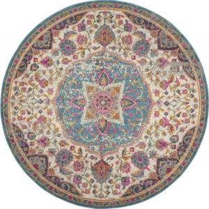4' Ivory And Blue Medallion Round Rug