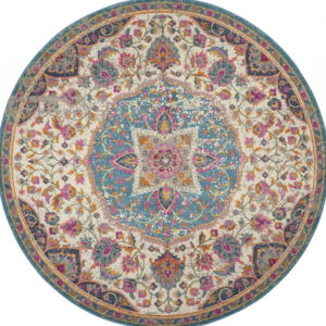5' Ivory And Blue Medallion Round Rug