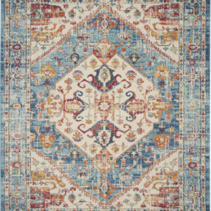 7' X 10' Ivory And Blue Oriental Distressed Area Rug