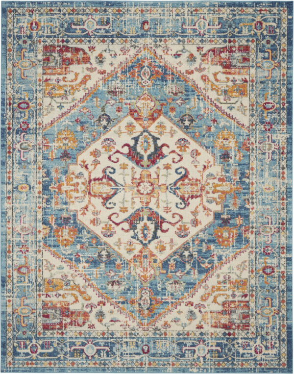 7' X 10' Ivory And Blue Oriental Distressed Area Rug