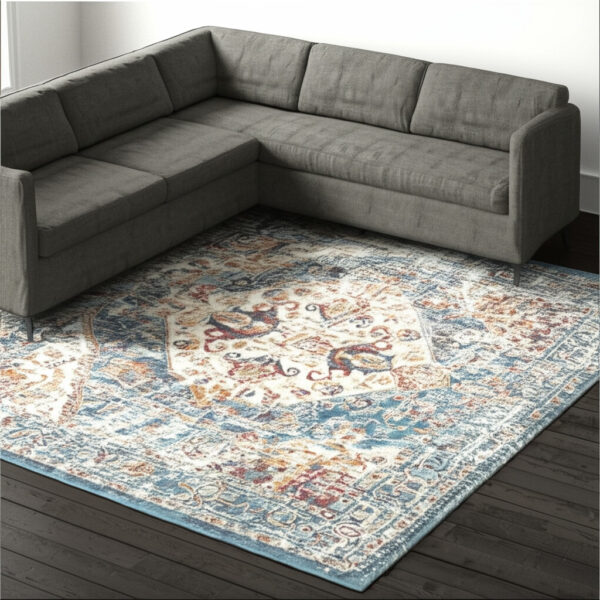 8' X 10' Ivory And Blue Oriental Distressed Area Rug