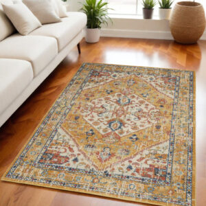 5' X 7' Yellow And Ivory Floral Medallion Area Rug