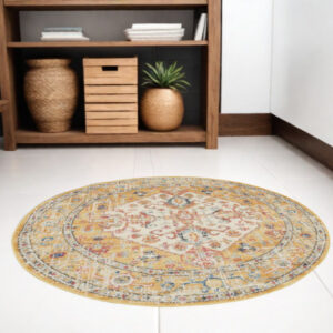 5' Yellow And Ivory Floral Medallion Round Rug
