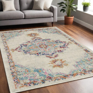 5' X 7' Gray And Ivory Medallion Distressed Area Rug