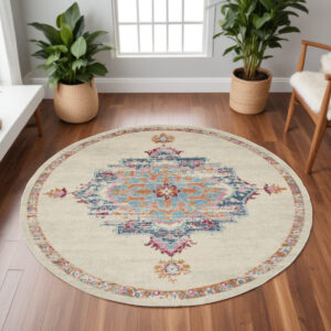 8' Gray And Ivory Medallion Distressed Round Rug