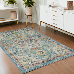 4' X 6' Ivory And Blue Oriental Distressed Area Rug