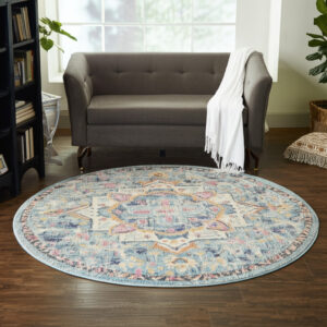 8' Ivory And Blue Oriental Distressed Round Rug