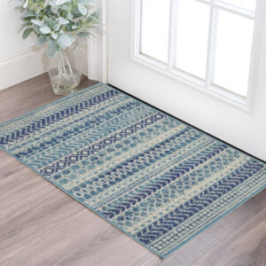2' X 3' Blue And Ivory Striped Area Rug