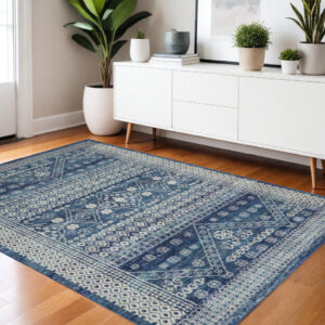 5' X 7' Navy Blue And Ivory Tribal Area Rug