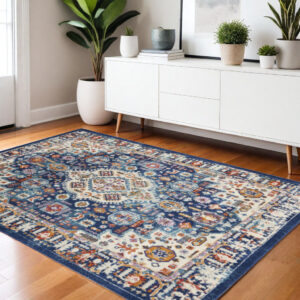 4' X 6' Blue And Ivory Medallion Area Rug