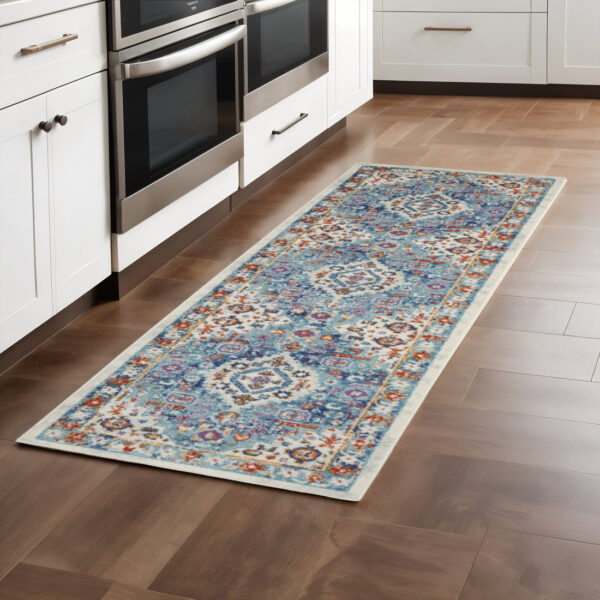 8' Ivory And Blue Floral Distressed Runner Rug