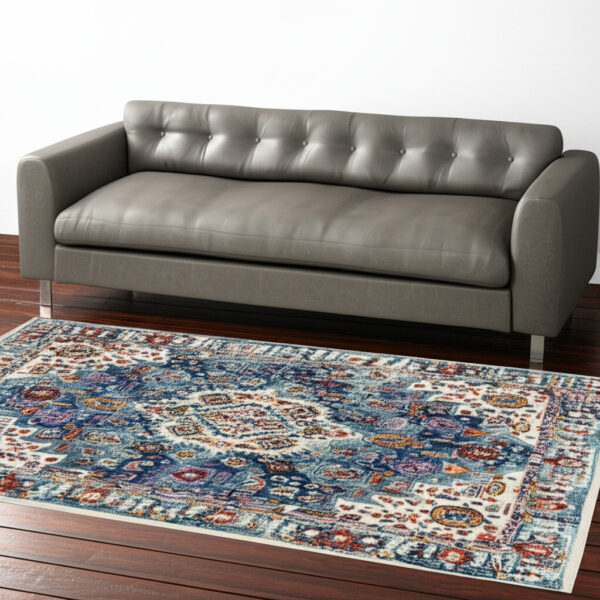 5' X 7' Ivory And Blue Floral Distressed Area Rug