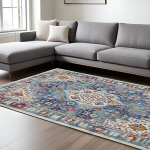 8' X 10' Ivory And Blue Floral Distressed Area Rug