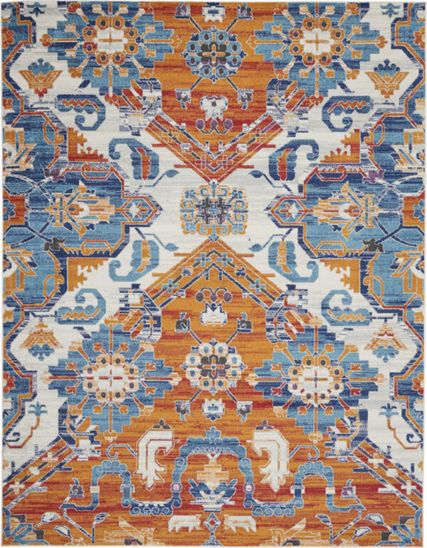 8' X 10' Blue And Orange Floral Area Rug