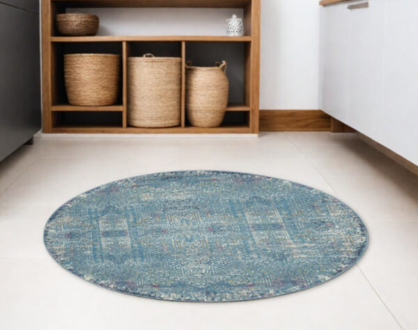 5' Blue And Ivory Southwestern Distressed Round Rug