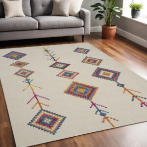 5' X 7' Blue Ivory And Pink Geometric Area Rug